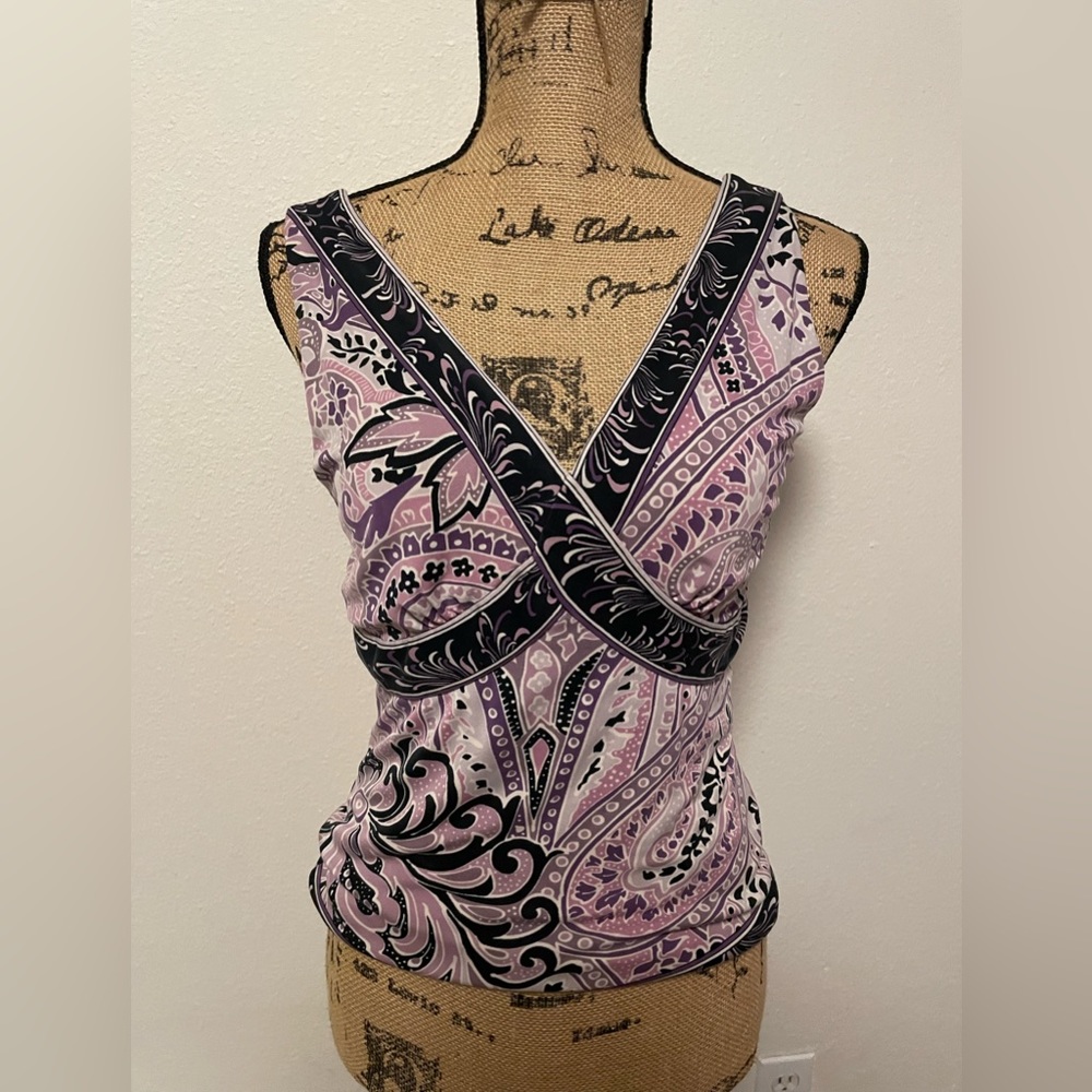 100% Silk Purple Floral Paisley Deep V Sleeveless Blouse